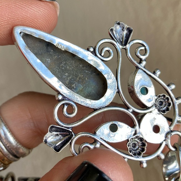 925 Sterling silver overlay natural labradorite sapphire aquamarine necklace - Picture 7 of 16